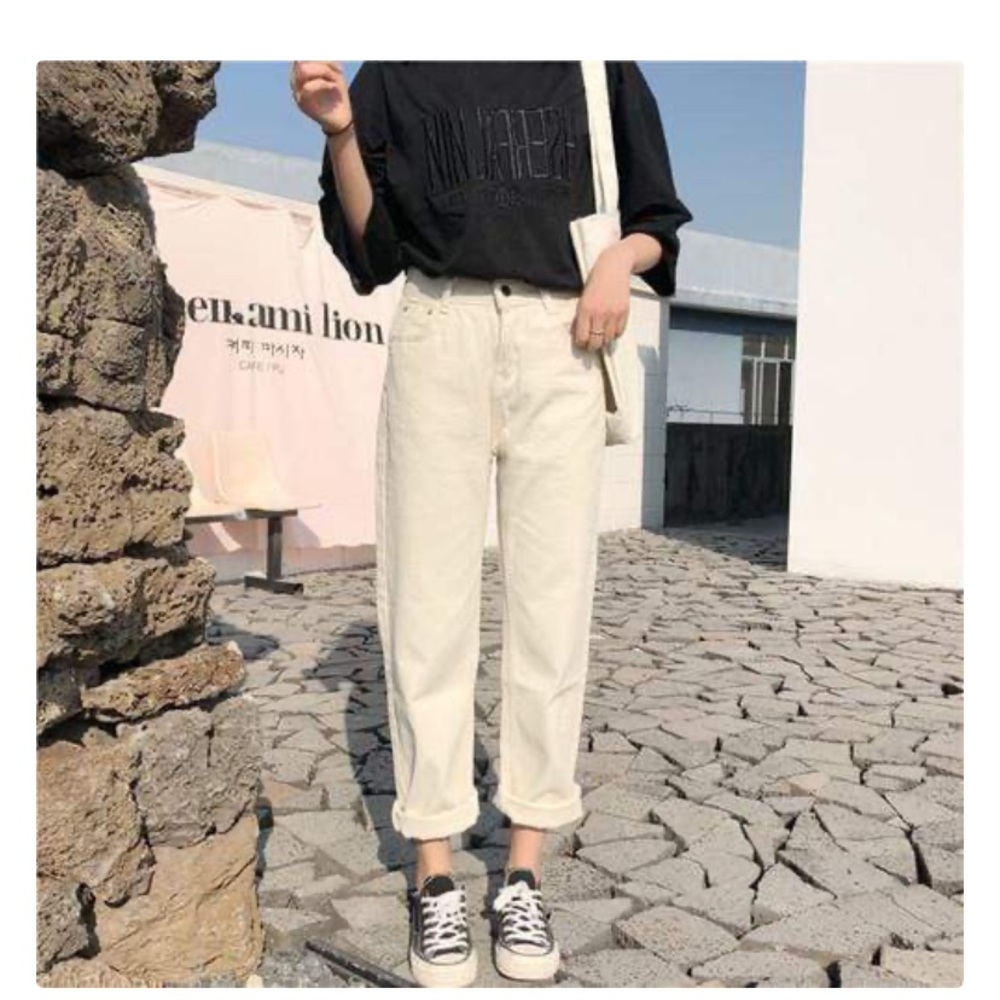 cream colored high waisted mom jeans